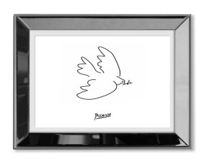 Obraz linearny w lustrzanej ramie do salonu Picasso ptak jedna linia 31x41c