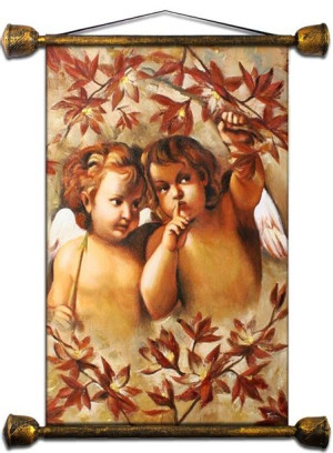 Obraz z Aniołkami złoty 55x68 cm obraz malowany na płótnie w złotej ramie
