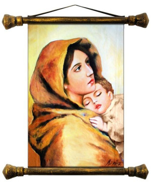 Obraz Matki Boskiej z Dzieciątkiem 55x68 cm obraz olejny na płótnie złota r