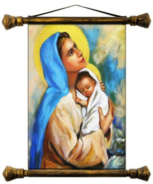 Obraz Matki Boskiej z Dzieciątkiem 37x62 cm obraz olejny na płótnie złota r