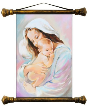 Obraz Matki Boskiej z Dzieciątkiem 37x62 cm obraz olejny na płótnie różowy