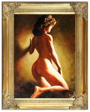 Obraz ręcznie malowany na płótnie 37x47cm naga kobieta w złotej ramie