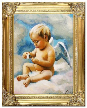 Obraz z Aniołkiem w niebie 30x40 cm obraz malowany na płótnie w złotej rami