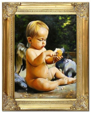 Obraz z Aniołkiem bobasem 37x47 cm obraz malowany na płótnie w złotej ramie