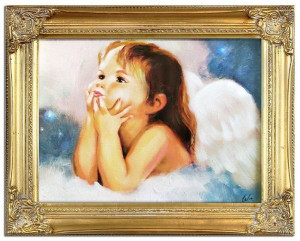 Obraz z Aniołkiem w zadumie 37x47 cm obraz malowany na płótnie w złotej ram