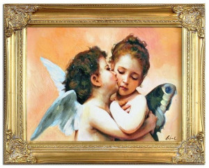Obraz z Aniołkami pocałunek 37x47 cm obraz malowany na płótnie w złotej ram