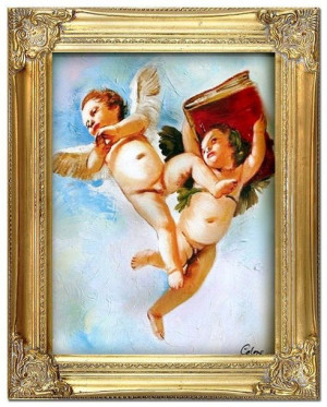 Obraz z Aniołkami w niebie 37x47 cm obraz malowany na płótnie w złotej rami