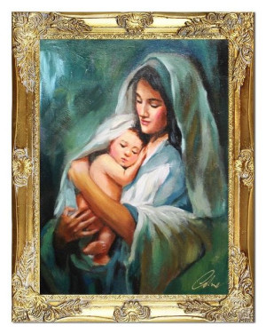 Obraz Matki Boskiej z dzieciątkiem 37x47 cm obraz olejny na płótnie w złote