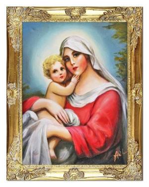 Obraz olejny ręcznie malowany z Matką Boską z dzieciątkiem 37x47 cm obraz w