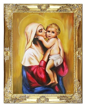 Obraz olejny ręcznie malowany z Matką Boską z dzieciątkiem 37x47 cm obraz w
