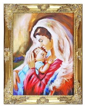 Obraz olejny ręcznie malowany z Matką Boską 37x47 cm obraz w złotej ramie