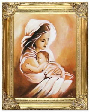 Obraz olejny ręcznie malowany z Matką Boską z dzieciątkiem 37x47 cm obraz w