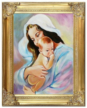 Obraz olejny ręcznie malowany z Matką Boską z dzieciątkiem 37x47 cm obraz w
