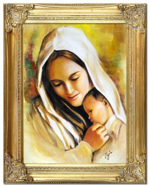 Obraz olejny ręcznie malowany z Matką Boską z dzieciątkiem 37x47 cm obraz w