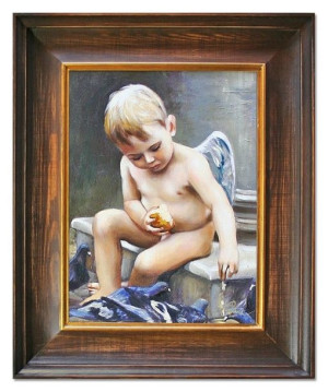Obraz z Aniołkiem 46x53 cm obraz malowany na płótnie w brązowej ramie