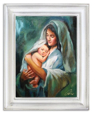 Obraz olejny ręcznie malowany z Matką Boską z dzieciątkiem 37x47 cm niebies