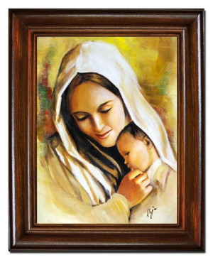 Obraz olejny ręcznie malowany z Matką Boską z dzieciątkiem 37x47 cm obraz w