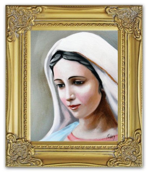 Obraz olejny ręcznie malowany z Matką Boską 27x32 cm obraz w złotej ramie