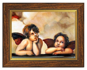 Obraz z Aniołkami 37x47 cm obraz malowany na płótnie w brązowej ramie
