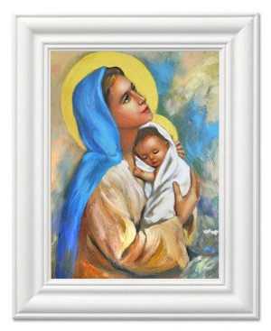 Obraz olejny ręcznie malowany z Matką Boską z dzieciątkiem 37x47 cm obraz w
