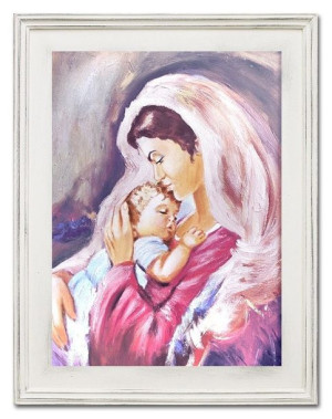 Obraz olejny ręcznie malowany z Matką Boską z dzieciątkiem 37x47 cm różowy