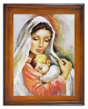 Obraz olejny ręcznie malowany z Matką Boską z dzieciątkiem 37x47 cm obraz w
