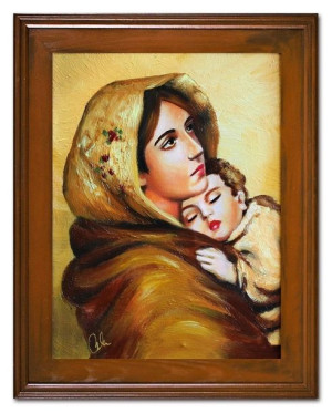 Obraz olejny ręcznie malowany z Matką Boską z dzieciątkiem 37x47 cm obraz w