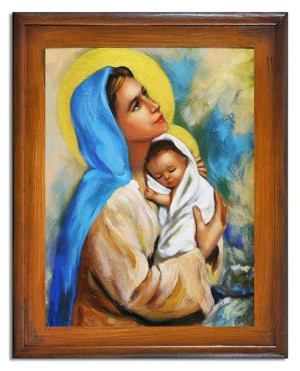 Obraz olejny ręcznie malowany z Matką Boską z dzieciątkiem 37x47 cm obraz w