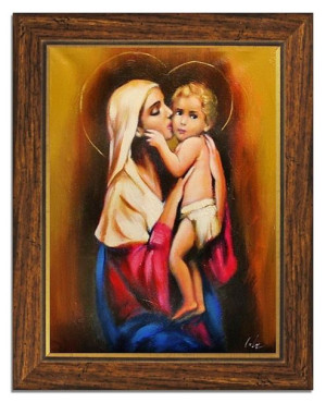 Obraz olejny ręcznie malowany z Matką Boską z dzieciątkiem 37x47 cm obraz w