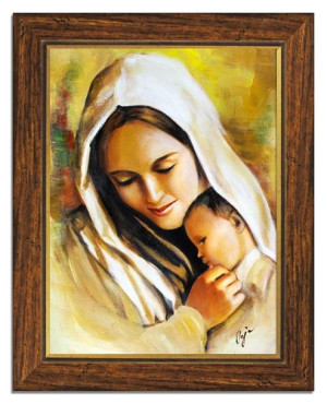 Obraz olejny ręcznie malowany z Matką Boską z dzieciątkiem 37x47 cm obraz w