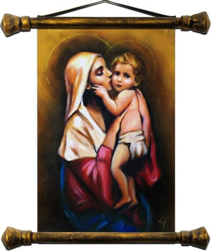 Obraz olejny ręcznie malowany z Matką Boską z dzieciątkiem 45x50 cm obraz w