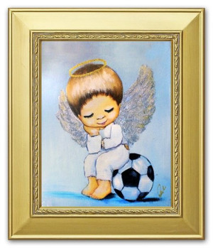 Obraz z Aniołkiem piłkarzem 27x32 cm obraz malowany na płótnie w złotej ram