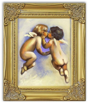 Obraz z Aniołkami pocałunek 27x32 cm obraz malowany na płótnie w złotej ram