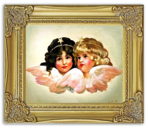 Obraz z Aniołkami w niebie 27x32 cm obraz malowany na płótnie w złotej rami