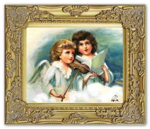 Obraz z Aniołkami w niebie 27x32 cm obraz malowany na płótnie w złotej rami