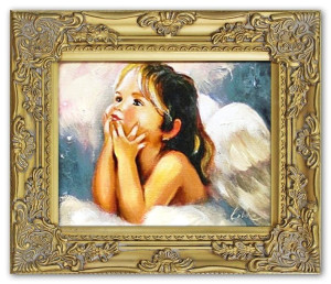 Obraz z Aniołkiem zamyślonym 27x32 cm obraz malowany na płótnie w złotej ra