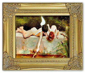 Obraz z Aniołkami 27x32 cm obraz malowany na płótnie w złotej ramie