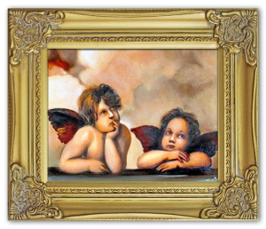 Obraz z Aniołkami 27x32 cm obraz malowany na płótnie w złotej ramie