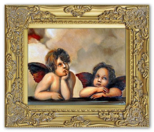 Obraz z Aniołkami 27x32 cm obraz malowany na płótnie w złotej ramie
