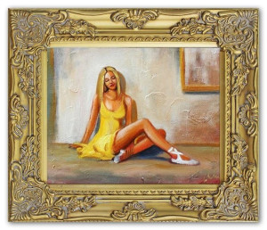 Obraz Kobieta w żółtej sukience 27x32 obraz malowany na płótnie w złotej ra