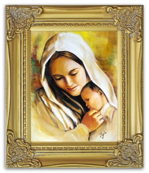 Obraz olejny ręcznie malowany z Matką Boską z dzieciątkiem 27x32 cm obraz w