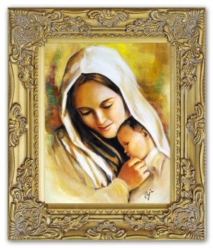 Obraz olejny ręcznie malowany z Matką Boską z dzieciątkiem 27x32 cm obraz w