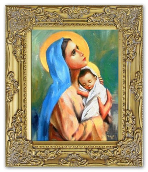 Obraz olejny ręcznie malowany z Matką Boską z dzieciątkiem 27x32 cm obraz w