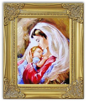 Obraz olejny ręcznie malowany z Matką Boską z dzieciątkiem 27x32 cm obraz w