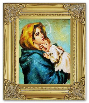 Obraz olejny ręcznie malowany z Matką Boską z dzieciątkiem 27x32 cm obraz w