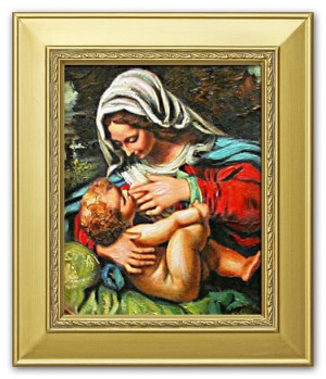 Obraz olejny ręcznie malowany z Matką Boską z dzieciątkiem karmiącą 27x32 c