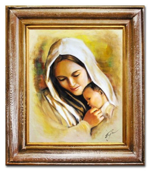 Obraz olejny ręcznie malowany z Matką Boską z dzieciątkiem 35x40 cm obraz w