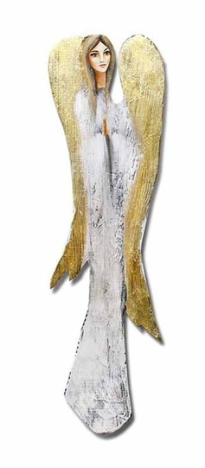 Anioł ze złotymi skrzydłami malowany na drewnie 74x20cm 102103