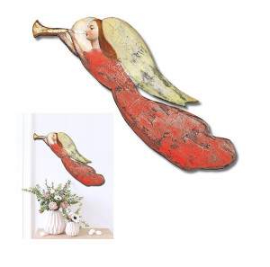 Pomarańczowy Anioł ręcznie malowany drewniany 72x20cm grający na trąbie