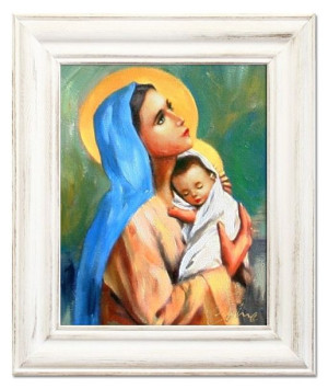 Obraz olejny ręcznie malowany z Matką Boską z dzieciątkiem 27x32 cm obraz w